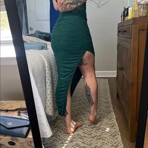 Fashion Nova Emerald Green Ruched Dress with slit